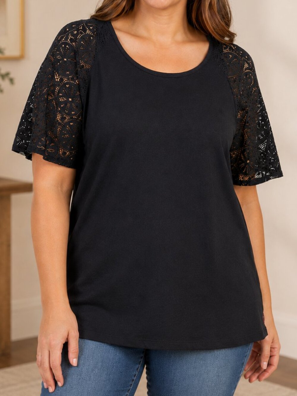 Lane Bryant Womens 18/20 Black Lace Flutter Sleeve Scoop Neck Knit Top Plus Size